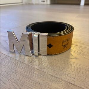 MCM Men's Cognac Tan Leather Belt with Silver Buckle